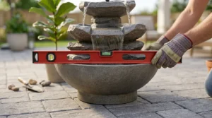Leveling the base of a plug and play outdoor water fountain.