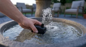 Priming the pump of a plug and play outdoor water fountain.