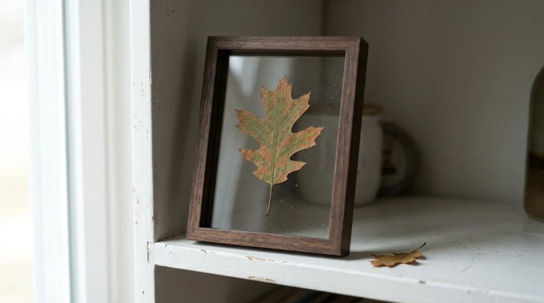 A dried oak leaf in a float frame, finished art made when you press leaves wall art fast.