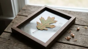 A brown-edged leaf behind fogged glass, a framing mistake when you press leaves wall art.