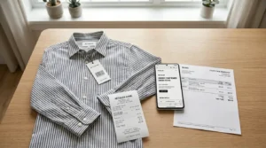 Receipt and tags documented to return clothes bought online.