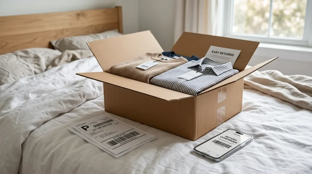 Folded clothes packed in a box to return clothes bought online.
