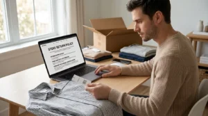 Return policy page checked before you return clothes bought online.