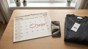 Calendar deadline tracked to return clothes bought online on time.