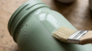 A cream-colored chalk-painted mason jar resting on a wooden windowsill, illustrating application errors including uneven drips of un-buffed thick wax pooling along the rim and side.