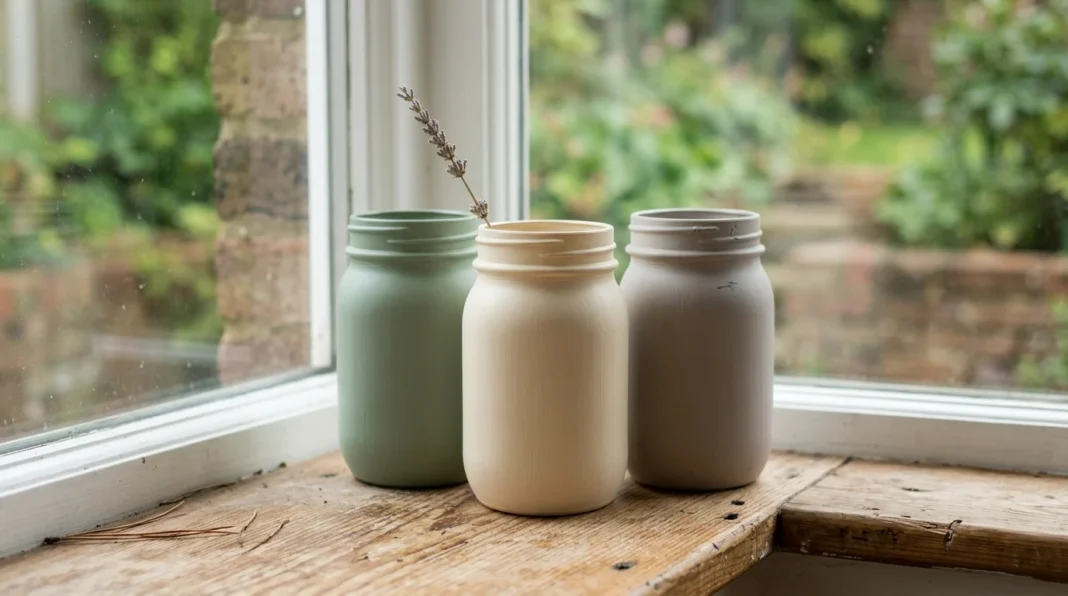 Three matte painted jars on a windowsill, finished after learning how to seal chalk painted mason jars.