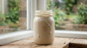 Three mason jars painted in sage green, cream, and taupe chalk paint with sealed matte finishes, sitting on a rustic wooden windowsill with a single dried lavender stem placed inside the center jar.