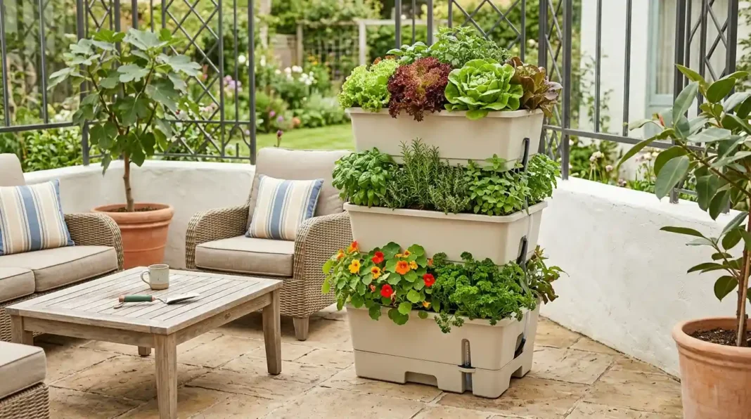 self-watering-vertical-planters-featured Self watering vertical planters with herbs on a small patio.
