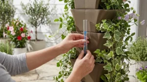 Checking the water gauge on self watering vertical planters.
