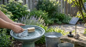 Scrubbing the basin under a solar bird bath fountain.