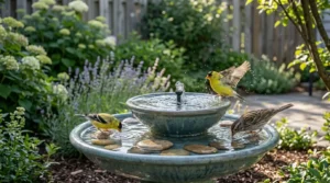 Birds drinking at a solar bird bath fountain.
