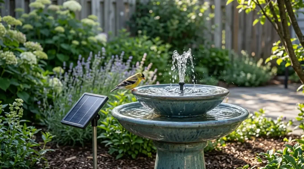 Solar bird bath fountain with a songbird perched beside the spray.