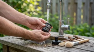 Rinsing the filter of a solar bird bath fountain pump.