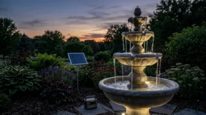 Water fountains with battery backup running after sunset.