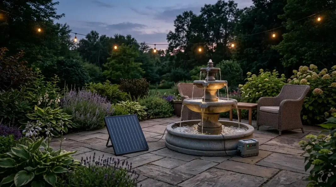 Solar water fountains with battery backup running on a patio at dusk.