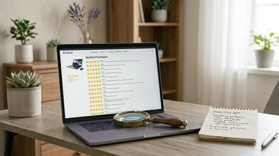 Review list checked with a magnifying glass to spot fake product reviews.