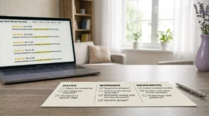 Three-part checklist used to spot fake product reviews.