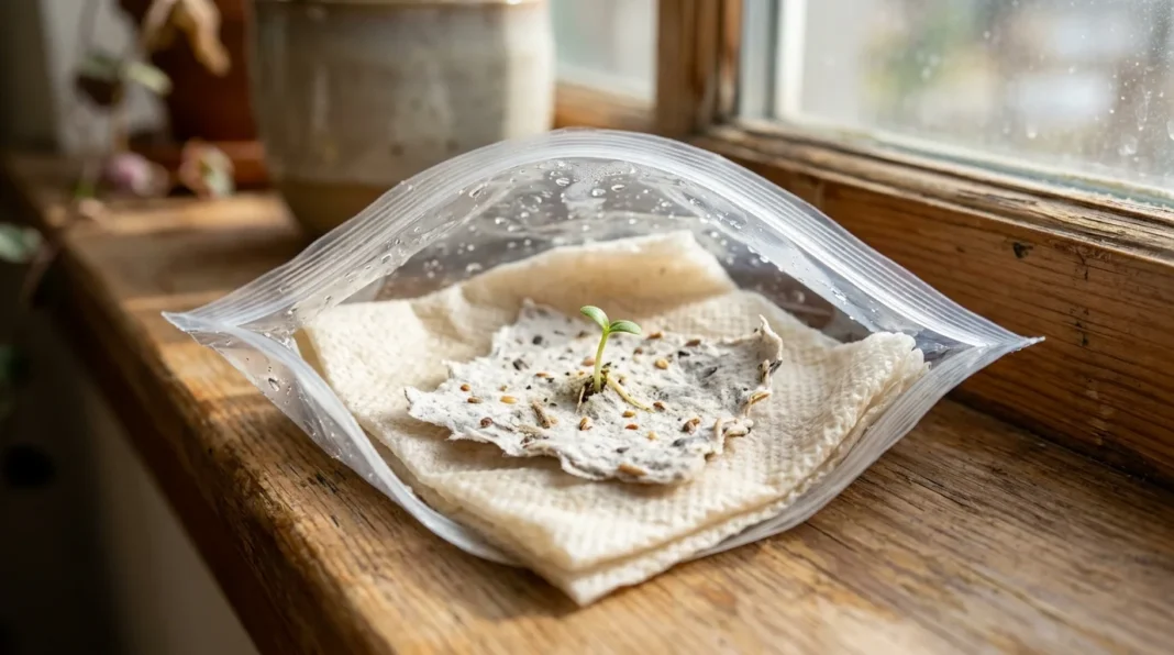 sprout-seed-paper-indoor-featured A sprouting scrap of seed paper on a windowsill, the test used to sprout seed paper indoor first.