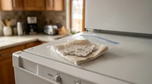 A scrap test bag placed on top of a fridge, the right spot to sprout seed paper indoor.