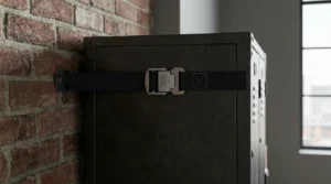 Anchor strap securing tall storage while learning how to style industrial bedroom spaces safely.
