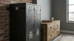Tall metal storage piece anchored to the wall while learning how to style industrial bedroom spaces safely.