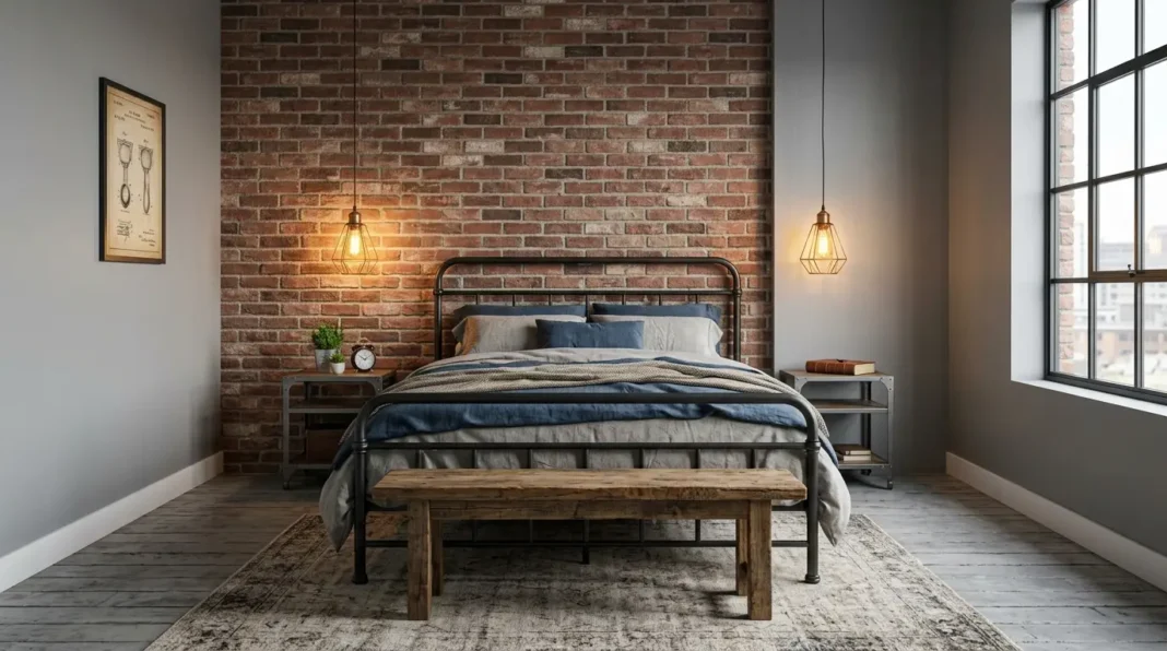 Bedroom showing real style industrial bedroom ideas with exposed brick and warm pendant lights.