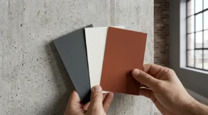 Charcoal gray, warm white and rust paint swatches to style industrial bedroom walls.