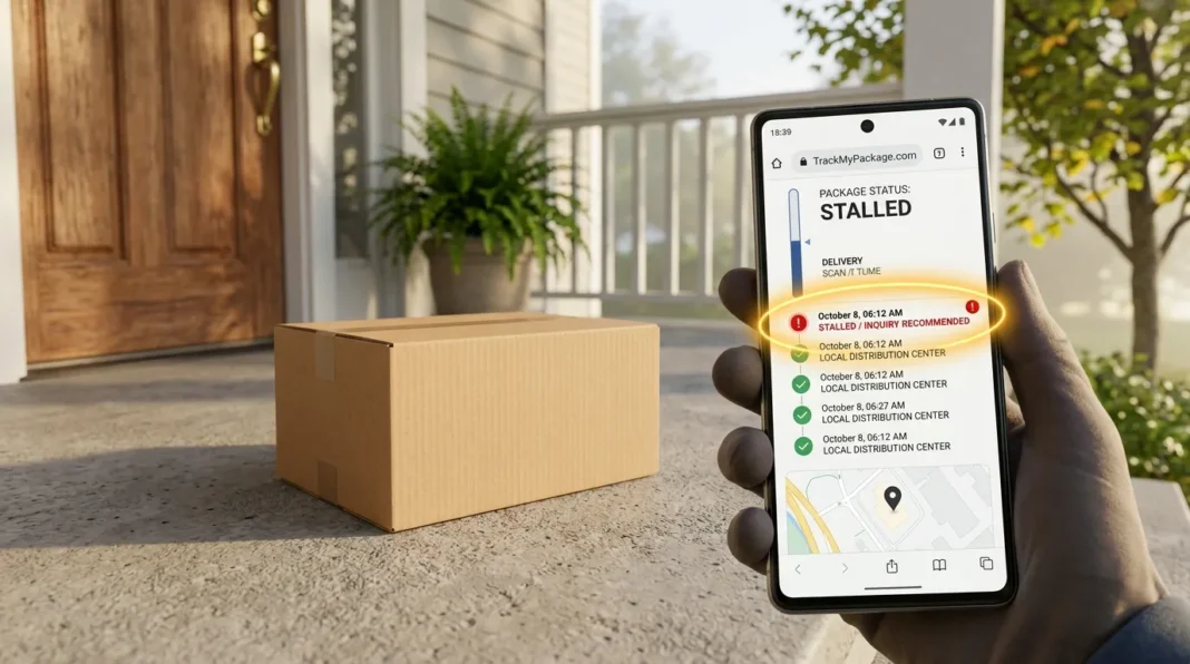Phone tracking page used to track lost package delivery on a front porch.