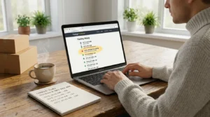Scan history and notes used to track lost package delivery at a kitchen table.