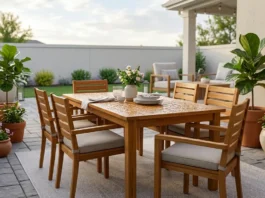 Weatherproof outdoor wooden furniture showing water beading on a sealed surface.
