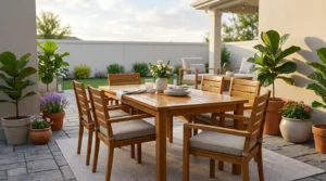 Finished weatherproof outdoor wooden furniture with a sealed, protective finish.